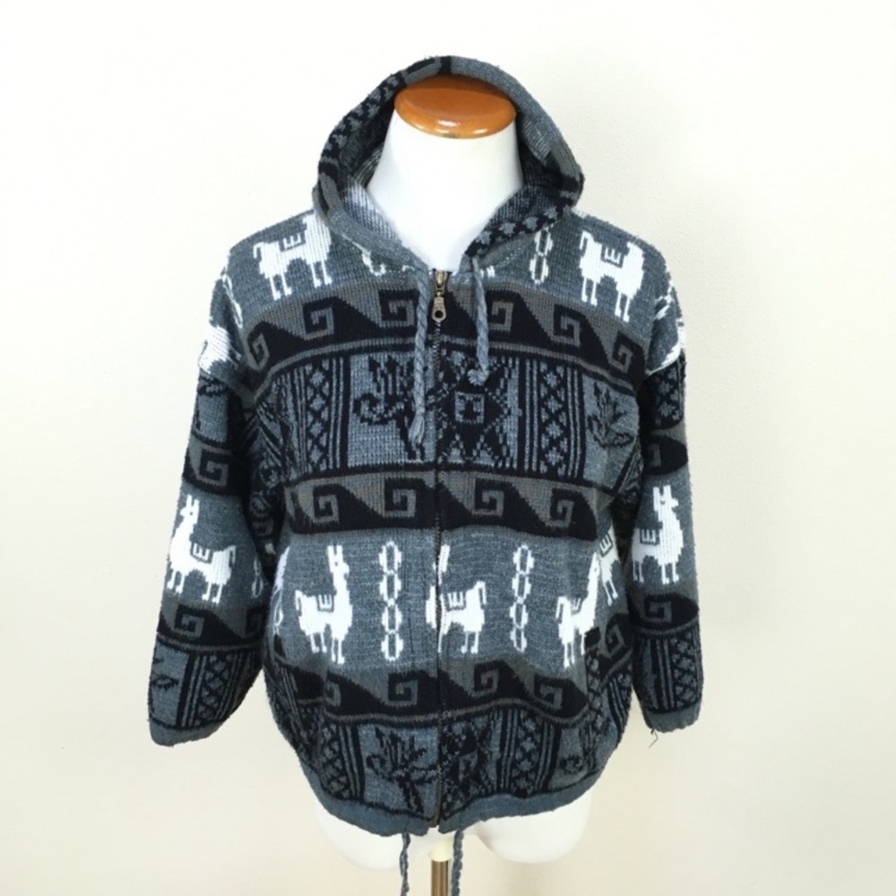 Tejidos Ruminahw Alpacas Aztec Hooded Jacket Gray Black Men’s Small - Picture 1 of 5